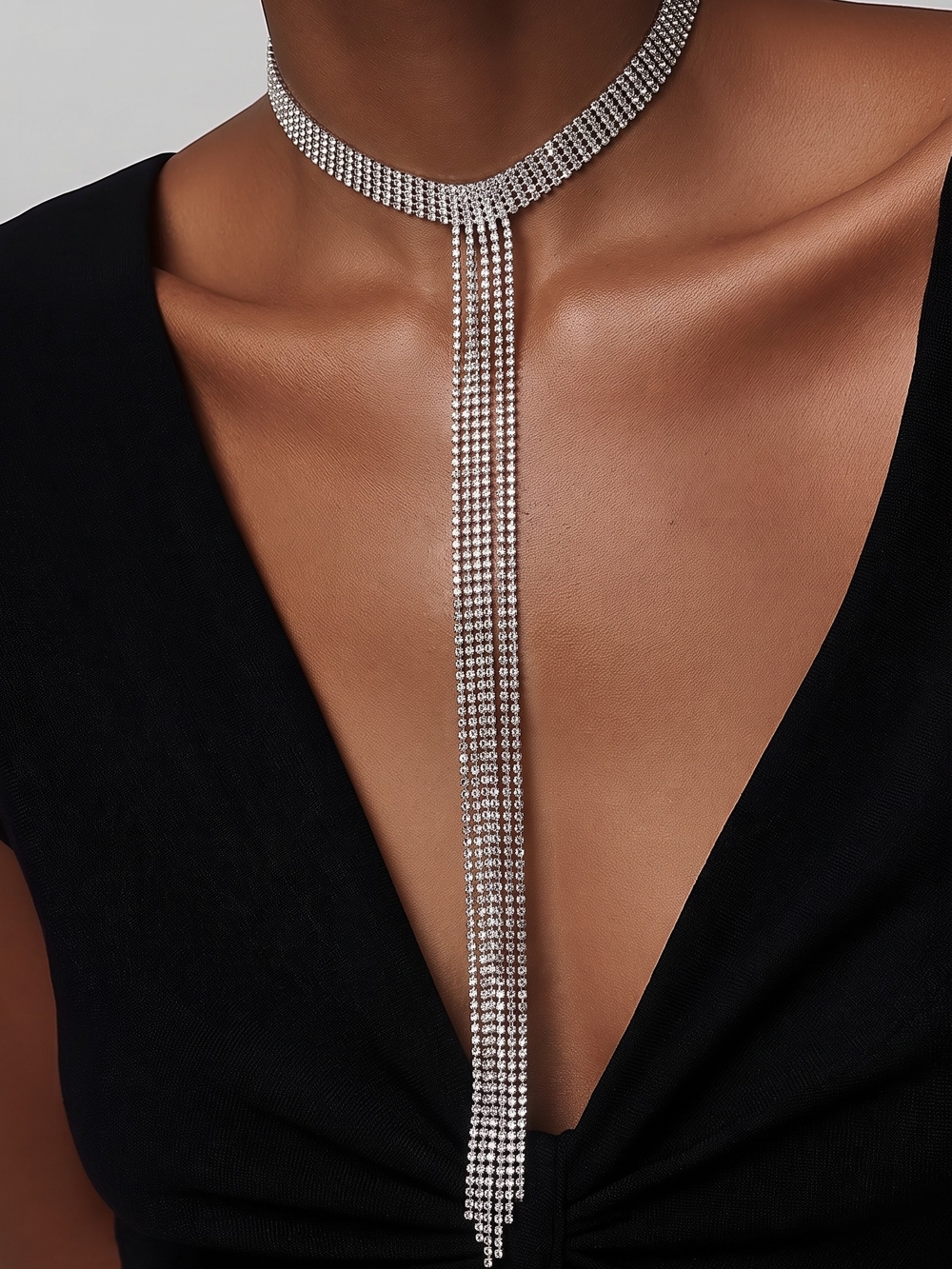 Silver Rhinestone Tassel Choker Necklace - Elegant Evening Necklace